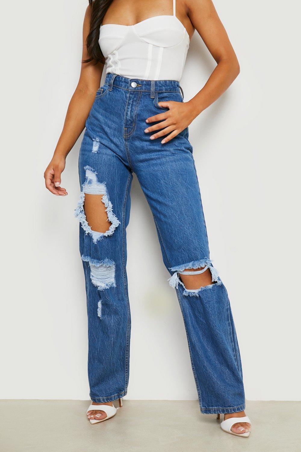 Women s Petite 90 s Straight Leg Ripped Jeans Boohoo UK